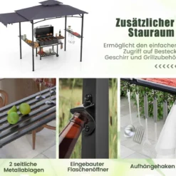 Grillpavillon mit Seitenmarkise Doppeldach 2 Seitenregalen & Haken Gartenpavillon BBQ Pavillon
