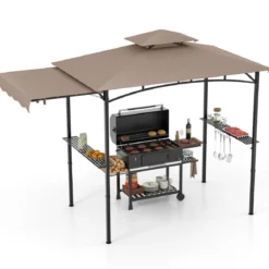 Grillpavillon mit Seitenmarkise Doppeldach 2 Seitenregalen & Haken Gartenpavillon BBQ Pavillon