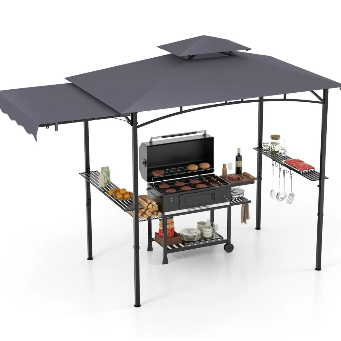 Grillpavillon mit Seitenmarkise Doppeldach 2 Seitenregalen & Haken Gartenpavillon BBQ Pavillon