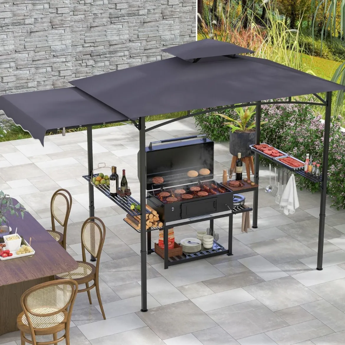 Grillpavillon mit Seitenmarkise Doppeldach 2 Seitenregalen & Haken Gartenpavillon BBQ Pavillon
