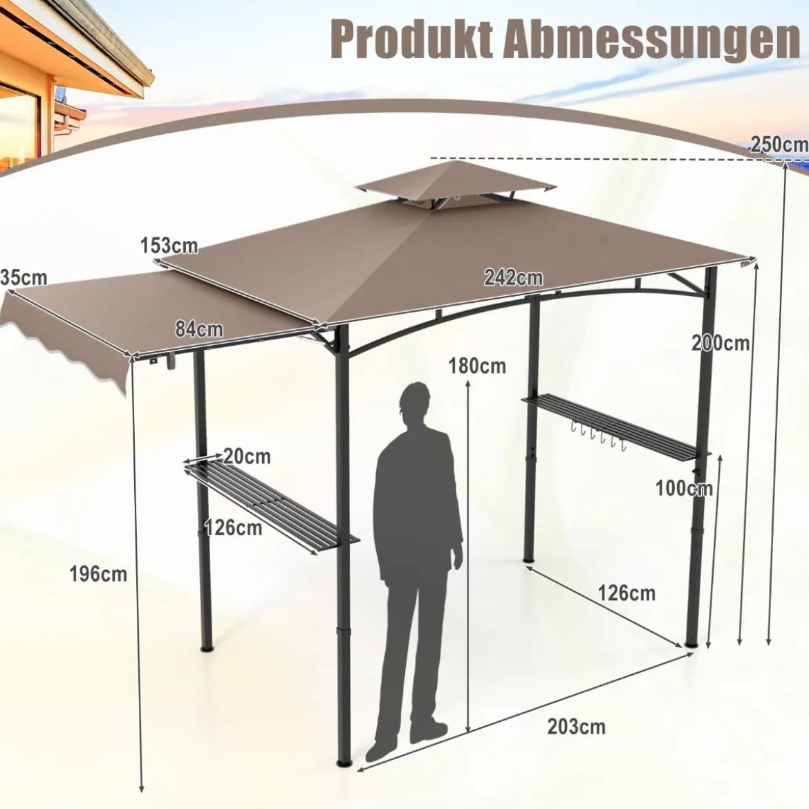 Grillpavillon mit Seitenmarkise Doppeldach 2 Seitenregalen & Haken Gartenpavillon BBQ Pavillon