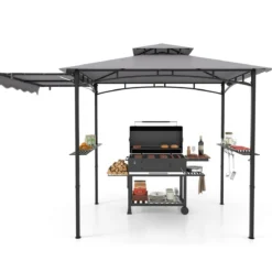 Grillpavillon mit Seitenmarkise Doppeldach 2 Seitenregalen & Haken Gartenpavillon BBQ Pavillon
