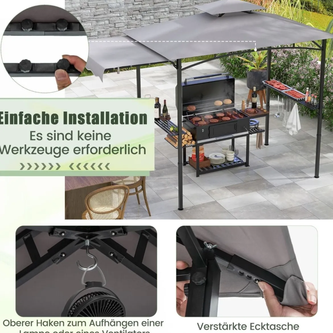 Grillpavillon mit Seitenmarkise Doppeldach 2 Seitenregalen & Haken Gartenpavillon BBQ Pavillon