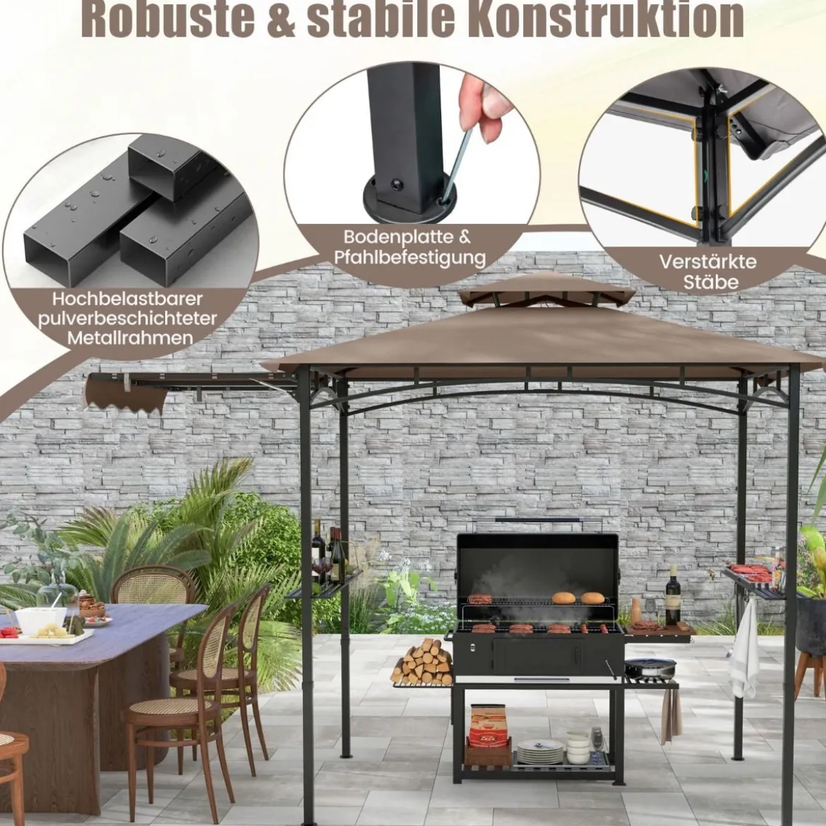 Grillpavillon mit Seitenmarkise Doppeldach 2 Seitenregalen & Haken Gartenpavillon BBQ Pavillon
