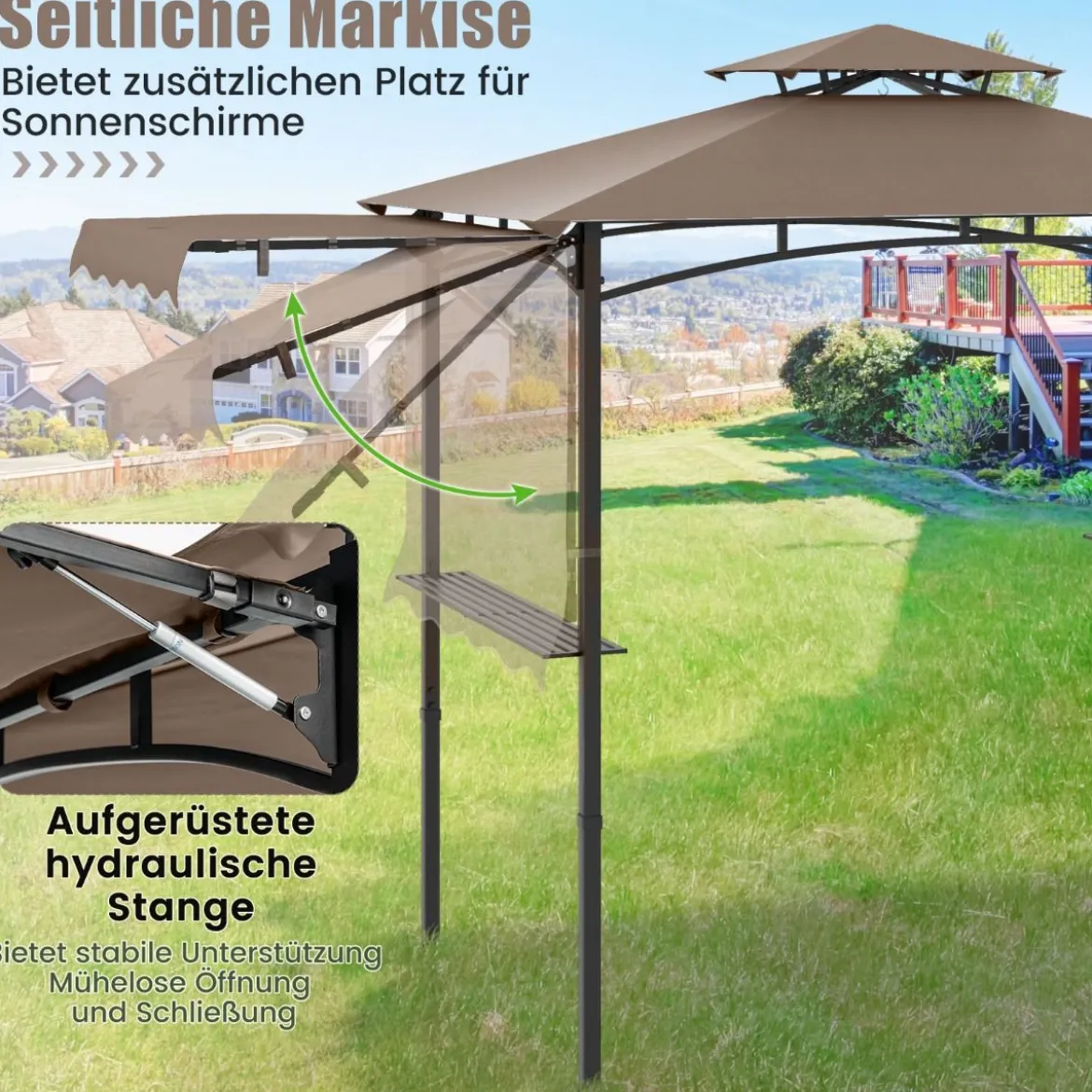 Grillpavillon mit Seitenmarkise Doppeldach 2 Seitenregalen & Haken Gartenpavillon BBQ Pavillon