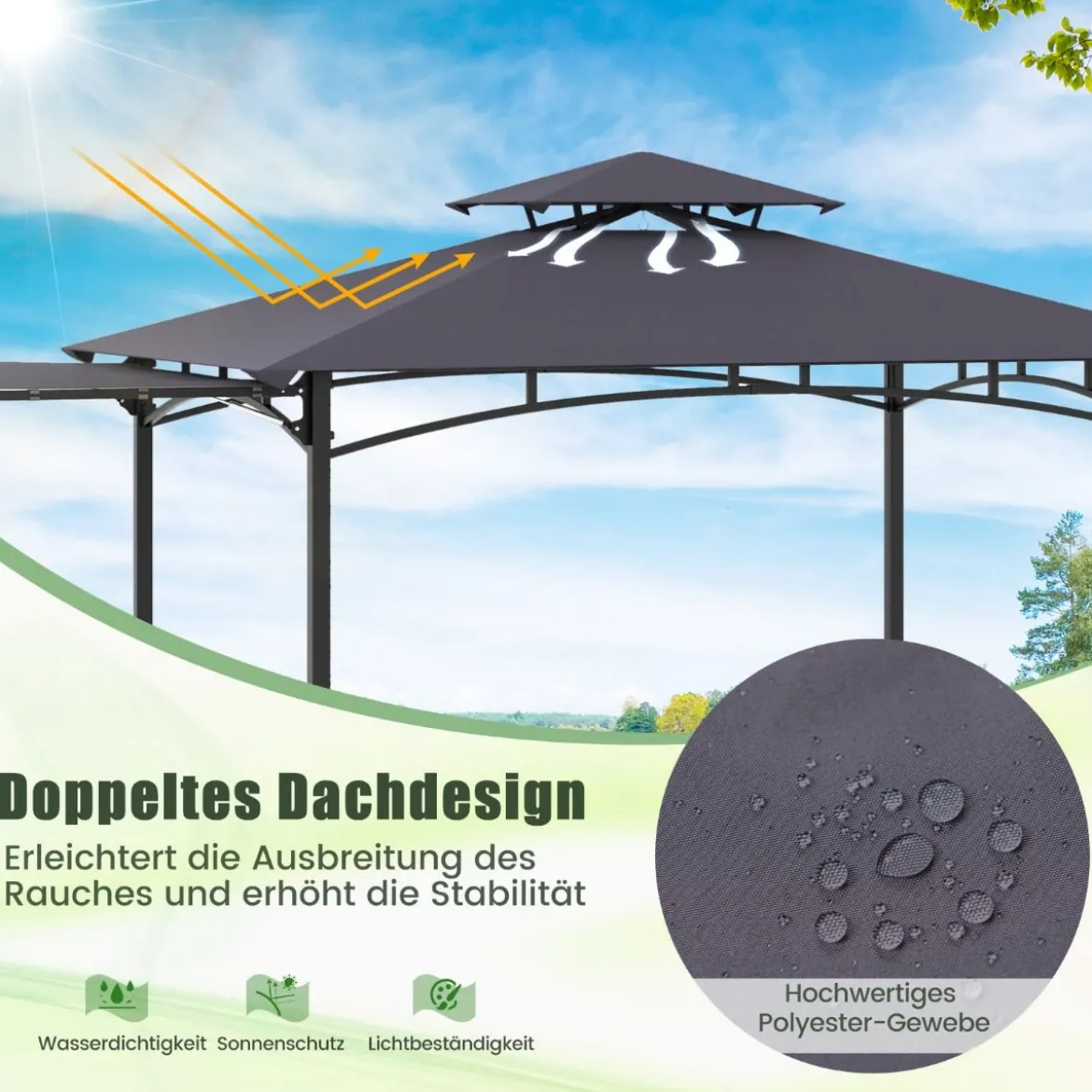 Grillpavillon mit Seitenmarkise Doppeldach 2 Seitenregalen & Haken Gartenpavillon BBQ Pavillon