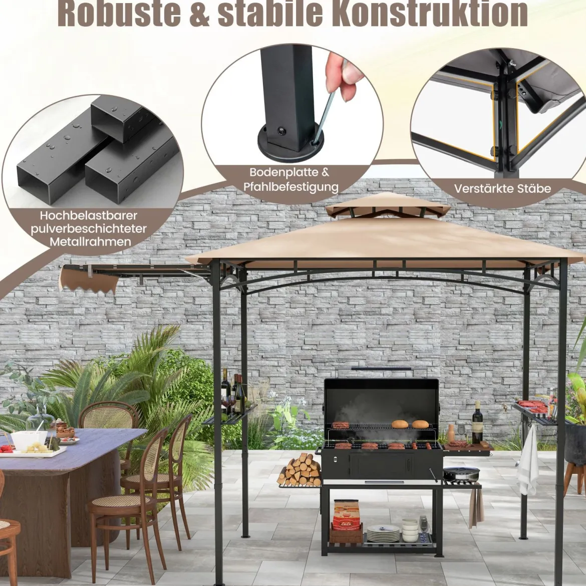 Grillpavillon mit Seitenmarkise Doppeldach 2 Seitenregalen & Haken Gartenpavillon BBQ Pavillon