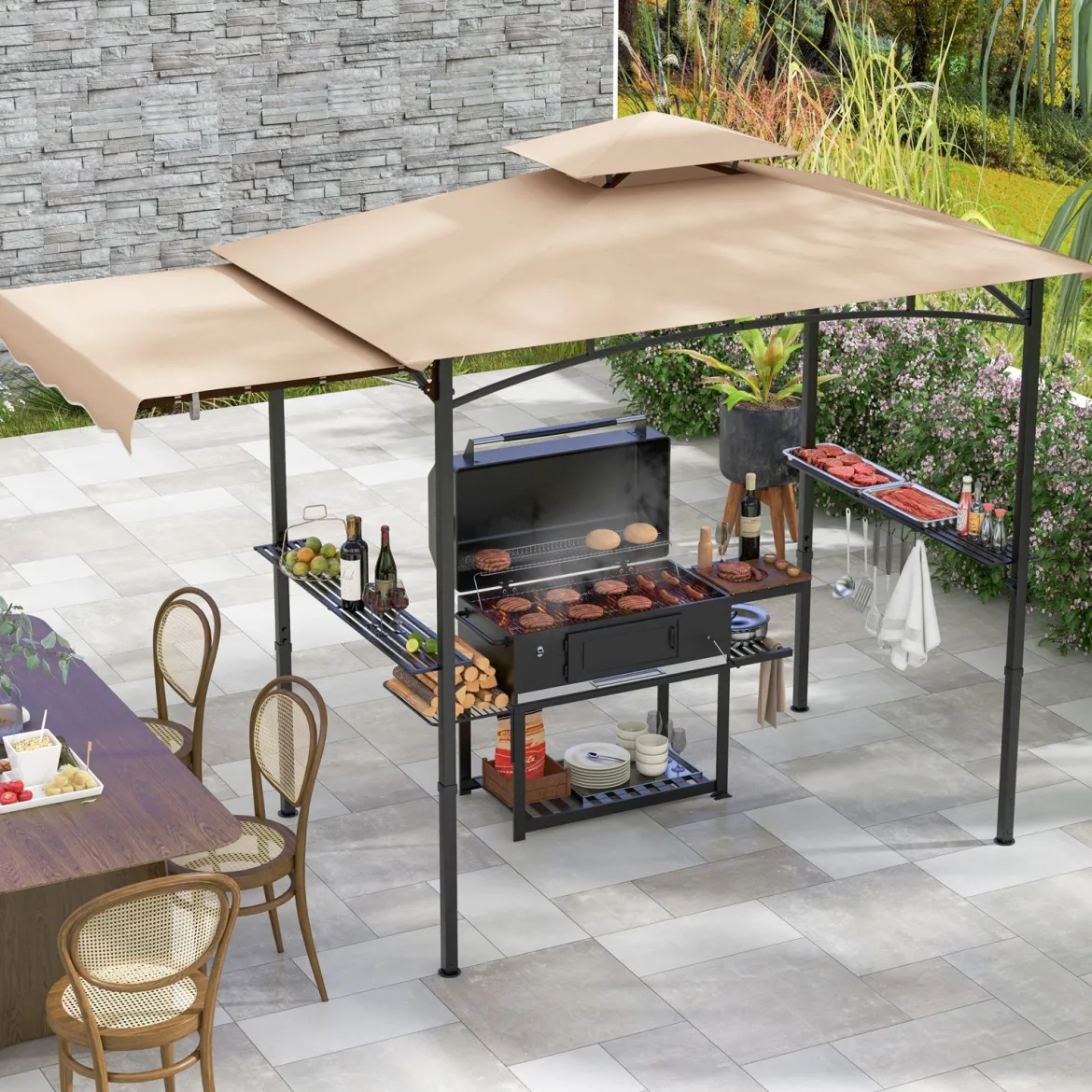 Grillpavillon mit Seitenmarkise Doppeldach 2 Seitenregalen & Haken Gartenpavillon BBQ Pavillon