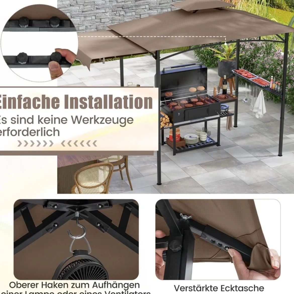 Grillpavillon mit Seitenmarkise Doppeldach 2 Seitenregalen & Haken Gartenpavillon BBQ Pavillon