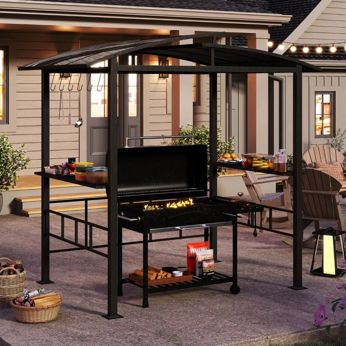 Grillpavillon Outdoor Grillüberdachung mit Seitenregalen Überdachung für Grill Gartenpavillon metall 248 x 150 x 232 cm Schwarz