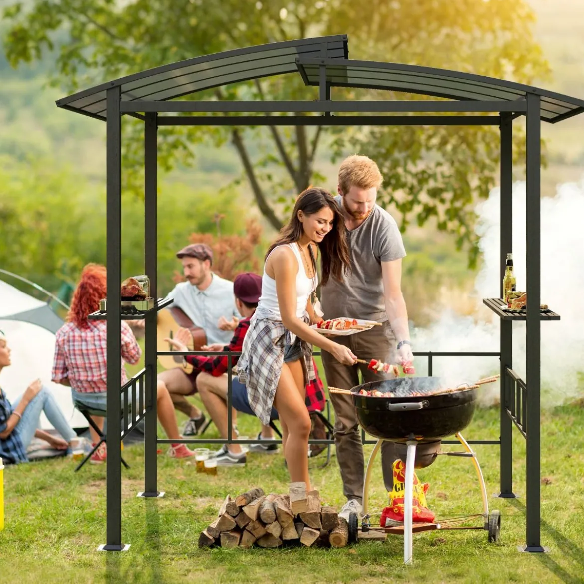 Grillpavillon Outdoor Grillüberdachung mit Seitenregalen Überdachung für Grill Gartenpavillon metall 248 x 150 x 232 cm Schwarz