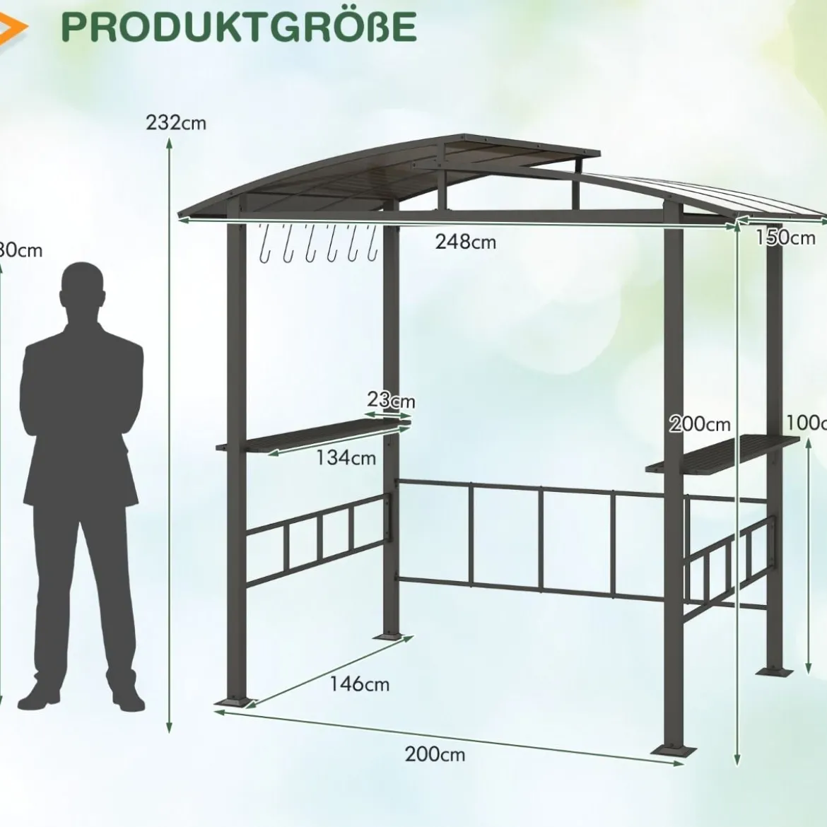Grillpavillon Outdoor Grillüberdachung mit Seitenregalen Überdachung für Grill Gartenpavillon metall 248 x 150 x 232 cm Schwarz