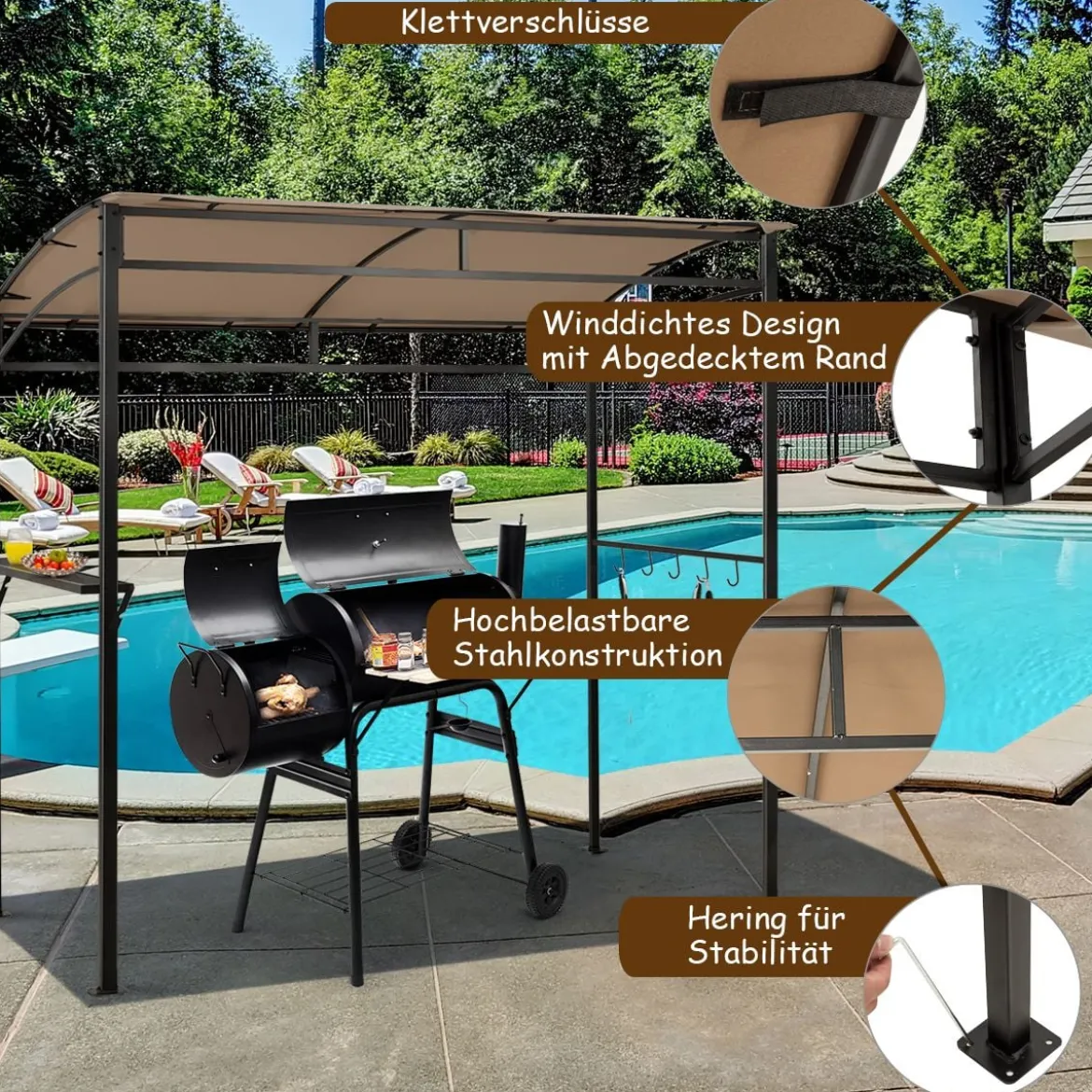 Grillpavillon Wetterfest Metallrahmen mit Regal & Haken 216 x 134 x 211 cm Braun