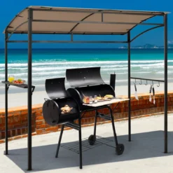 Grillpavillon Wetterfest Metallrahmen mit Regal & Haken 216 x 134 x 211 cm Braun
