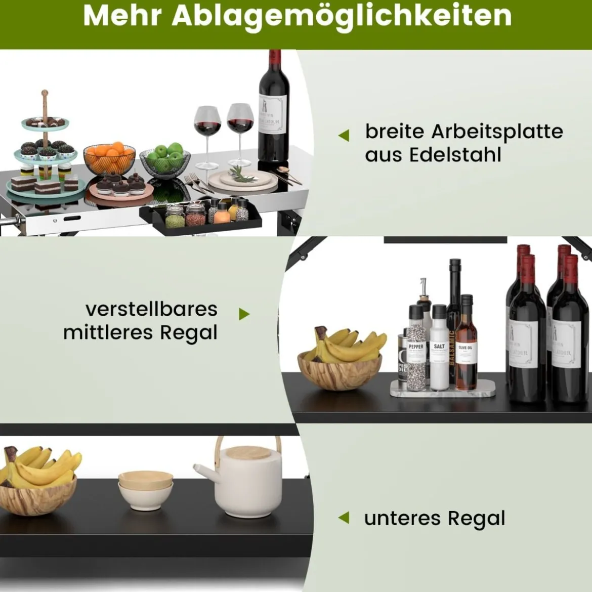 Grilltisch mit 3 Ablagen & Handyständer & Gewürzregal & Handtuchhalter Servierwagen