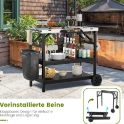 Grilltisch mit 3 Ablagen & Handyständer & Gewürzregal & Handtuchhalter Servierwagen