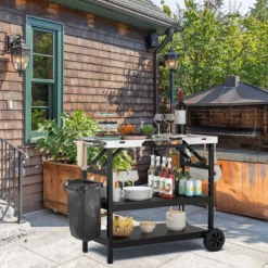 Grilltisch mit 3 Ablagen & Handyständer & Gewürzregal & Handtuchhalter Servierwagen