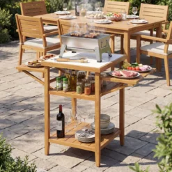 Grilltisch mit Klappbaren Seitenablagen & 2-stufige Ablage BBQ-Tisch aus Akazienholz Kücheninsel