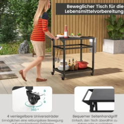 Grillwagen für den Außenbereich mit zwei Regalen 4 feststellbaren Rädern & Seitengriff Schwarz