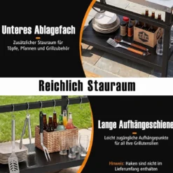 Grillwagen Grilltisch mit Arbeitsplatte aus Edelstahl & Ablage 90 x 59 x 81 cm Schwarz + Silber