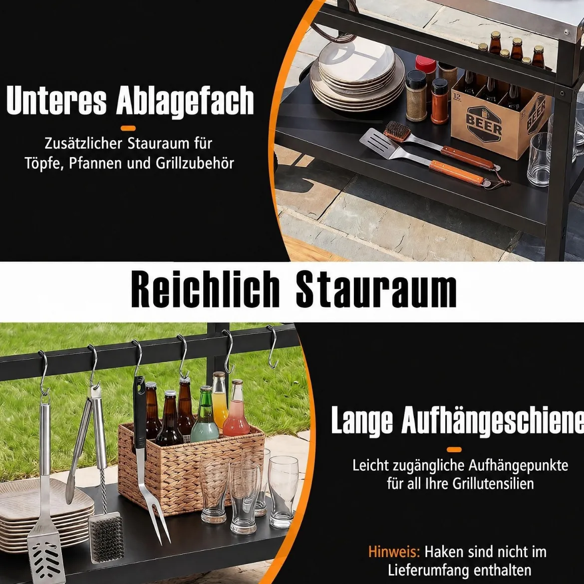 Grillwagen Grilltisch mit Arbeitsplatte aus Edelstahl & Ablage 90 x 59 x 81 cm Schwarz + Silber
