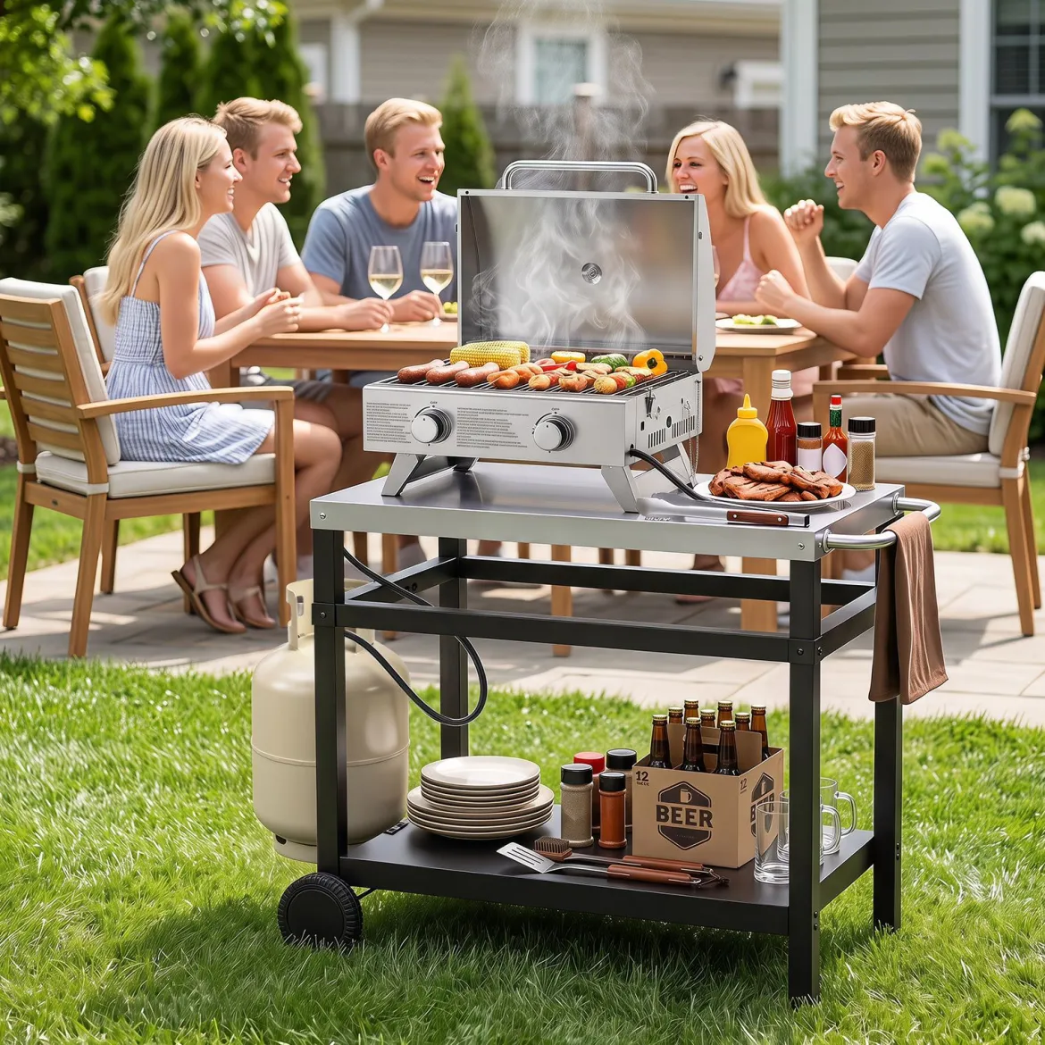 Grillwagen Grilltisch mit Arbeitsplatte aus Edelstahl & Ablage 90 x 59 x 81 cm Schwarz + Silber