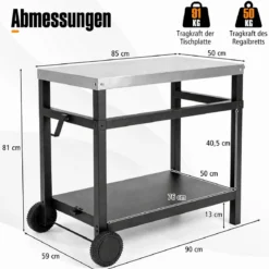 Grillwagen Grilltisch mit Arbeitsplatte aus Edelstahl & Ablage 90 x 59 x 81 cm Schwarz + Silber