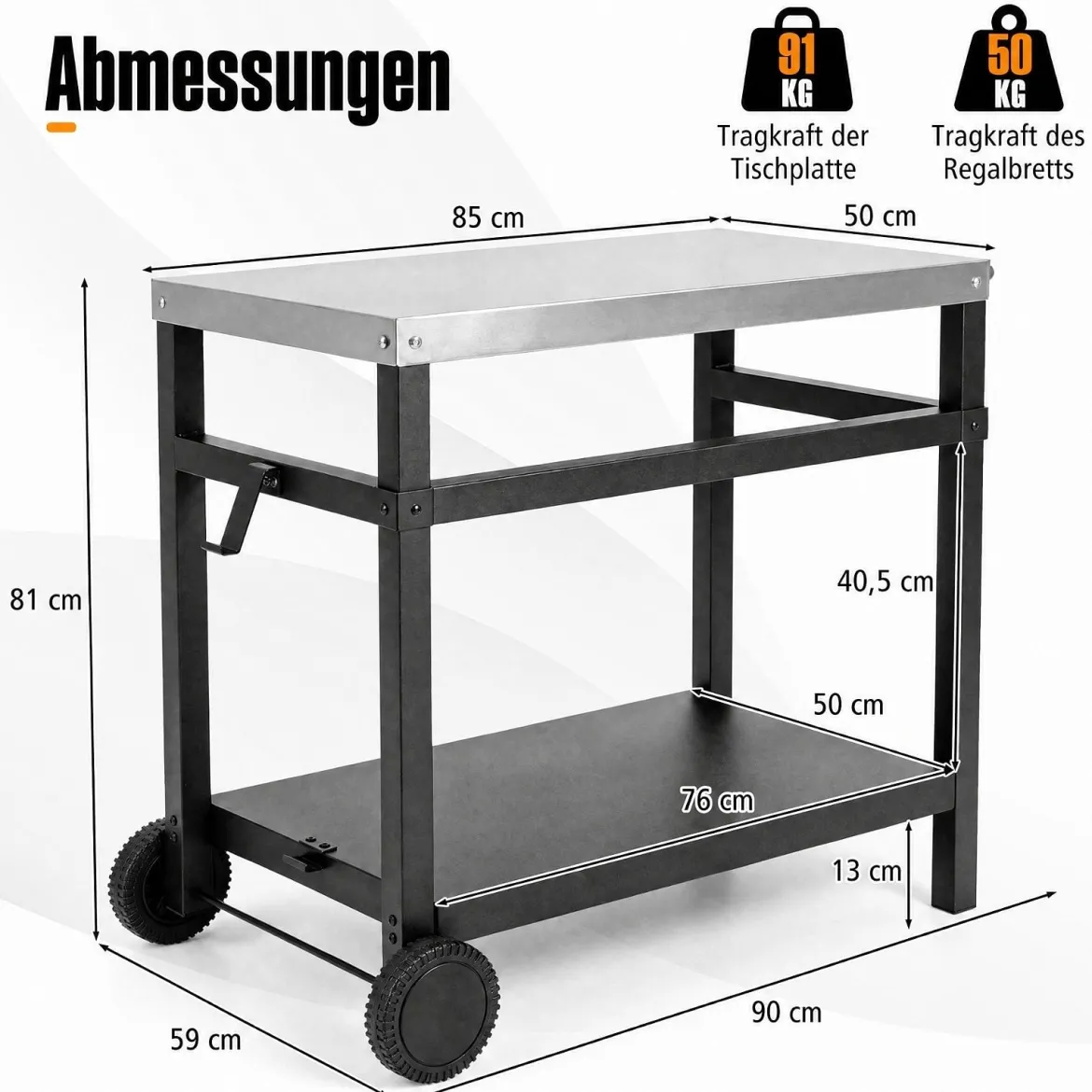 Grillwagen Grilltisch mit Arbeitsplatte aus Edelstahl & Ablage 90 x 59 x 81 cm Schwarz + Silber
