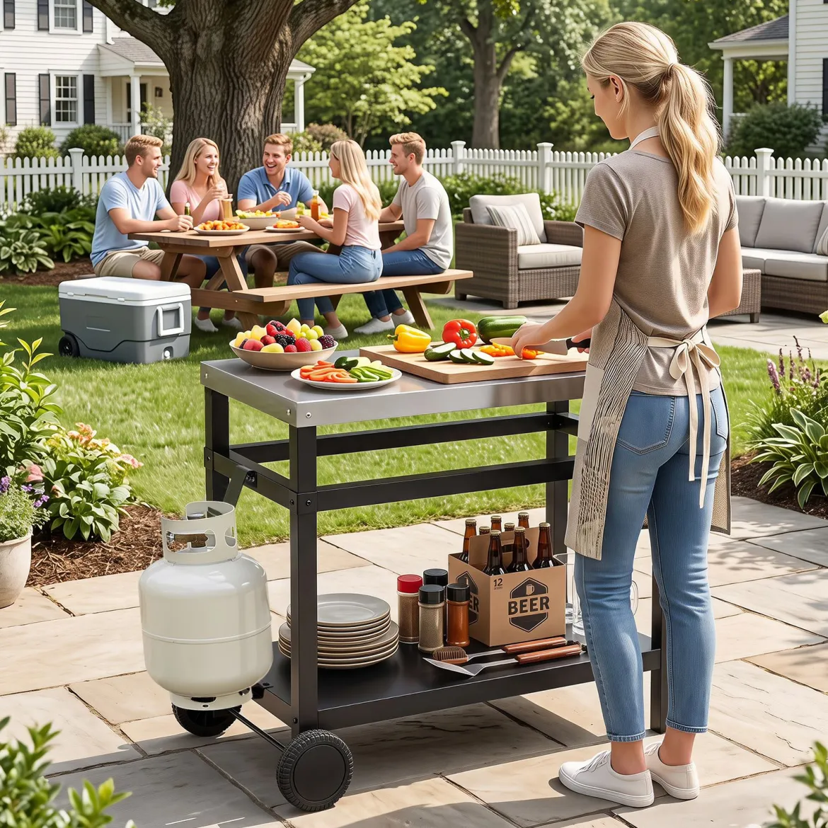 Grillwagen Grilltisch mit Arbeitsplatte aus Edelstahl & Ablage 90 x 59 x 81 cm Schwarz + Silber