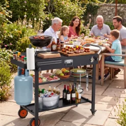 Grillwagen Klappbarer Grilltisch mit 3 Ebenen Unterlage Haken Griff & Rädern 109 x 46 x 87 cm