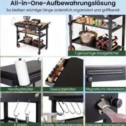 Grillwagen Klappbarer Grilltisch mit 3 Ebenen Unterlage Haken Griff & Rädern 109 x 46 x 87 cm