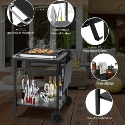 Grillwagen mit Klappbarer Tischplatte & 2 Ablagen & 4 Haken Beweglicher Campingtisch