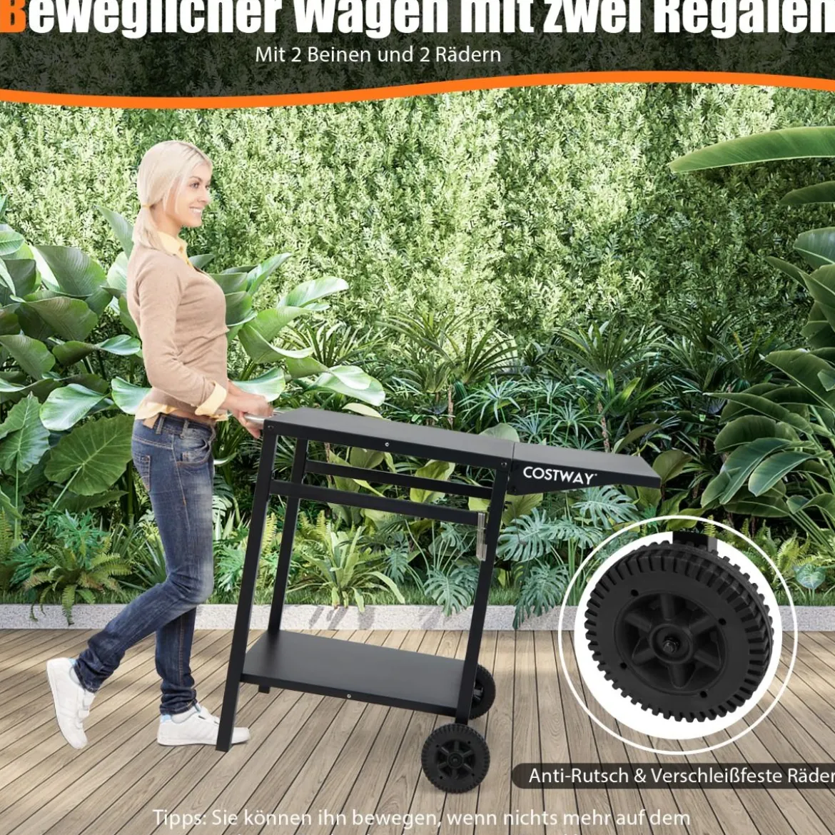 Grillwagen mit Klappbarer Tischplatte & 2 Ablagen & 4 Haken Beweglicher Campingtisch
