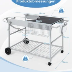 Grillwagen mit 4 Rollen & Großer Arbeitsplatte & Gewürzregal & Mülleimer Beistellwagen Grilltisch