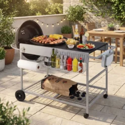 Grillwagen mit 4 Rollen & Großer Arbeitsplatte & Gewürzregal & Mülleimer Beistellwagen Grilltisch