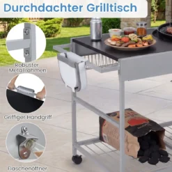 Grillwagen mit 4 Rollen & Großer Arbeitsplatte & Gewürzregal & Mülleimer Beistellwagen Grilltisch
