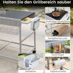 Grillwagen mit 4 Rollen & Großer Arbeitsplatte & Gewürzregal & Mülleimer Beistellwagen Grilltisch