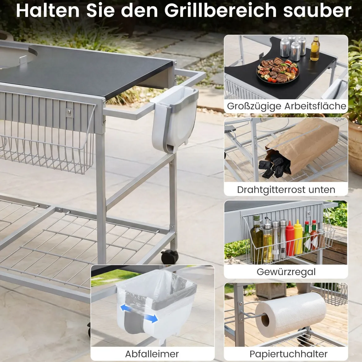Grillwagen mit 4 Rollen & Großer Arbeitsplatte & Gewürzregal & Mülleimer Beistellwagen Grilltisch