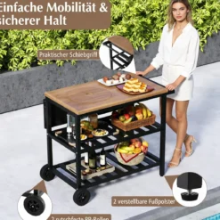 Grillwagen Outdoor Grilltisch auf Rollen Mobiler Pizzatisch mit Koreanischem Holzkohlegrill