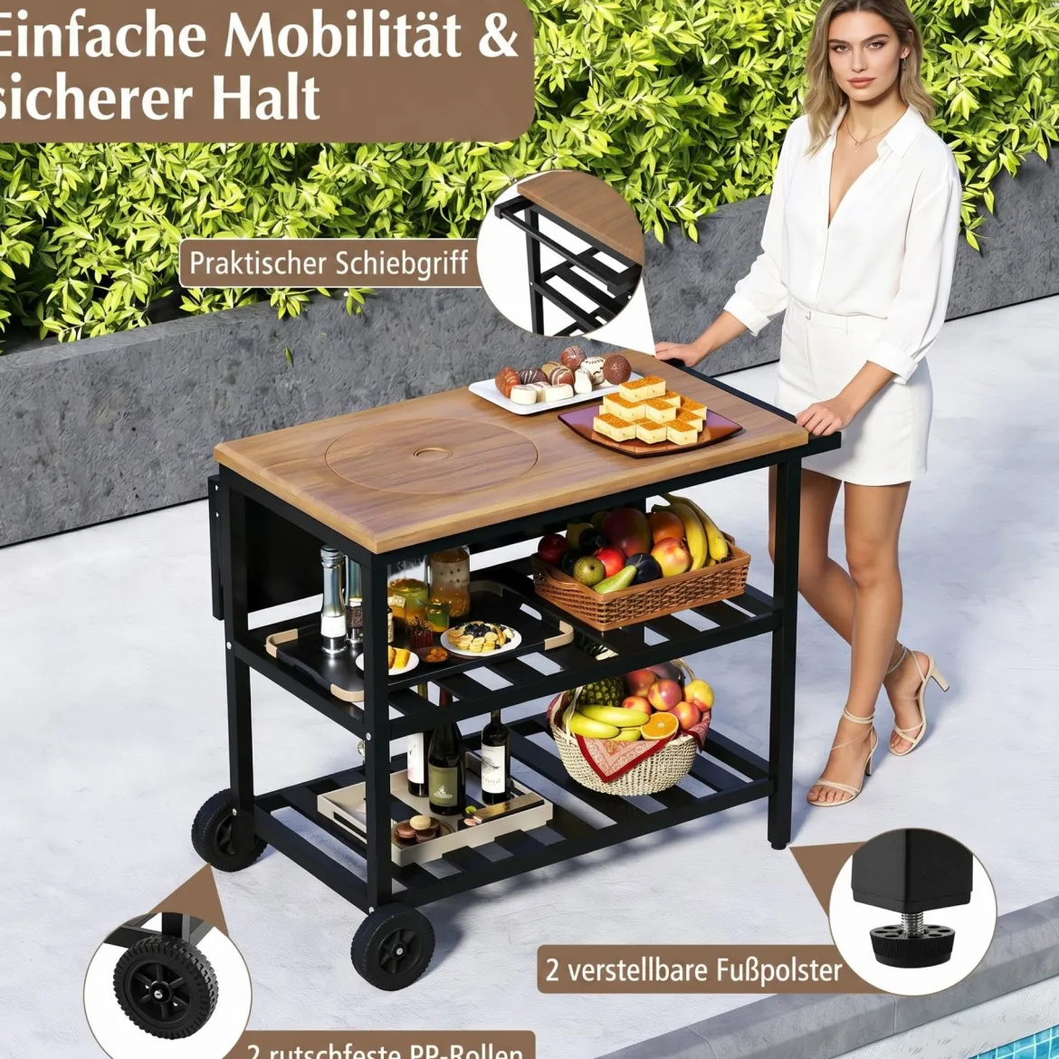 Grillwagen Outdoor Grilltisch auf Rollen Mobiler Pizzatisch mit Koreanischem Holzkohlegrill