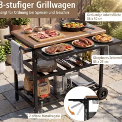 Grillwagen Outdoor Grilltisch auf Rollen Mobiler Pizzatisch mit Koreanischem Holzkohlegrill