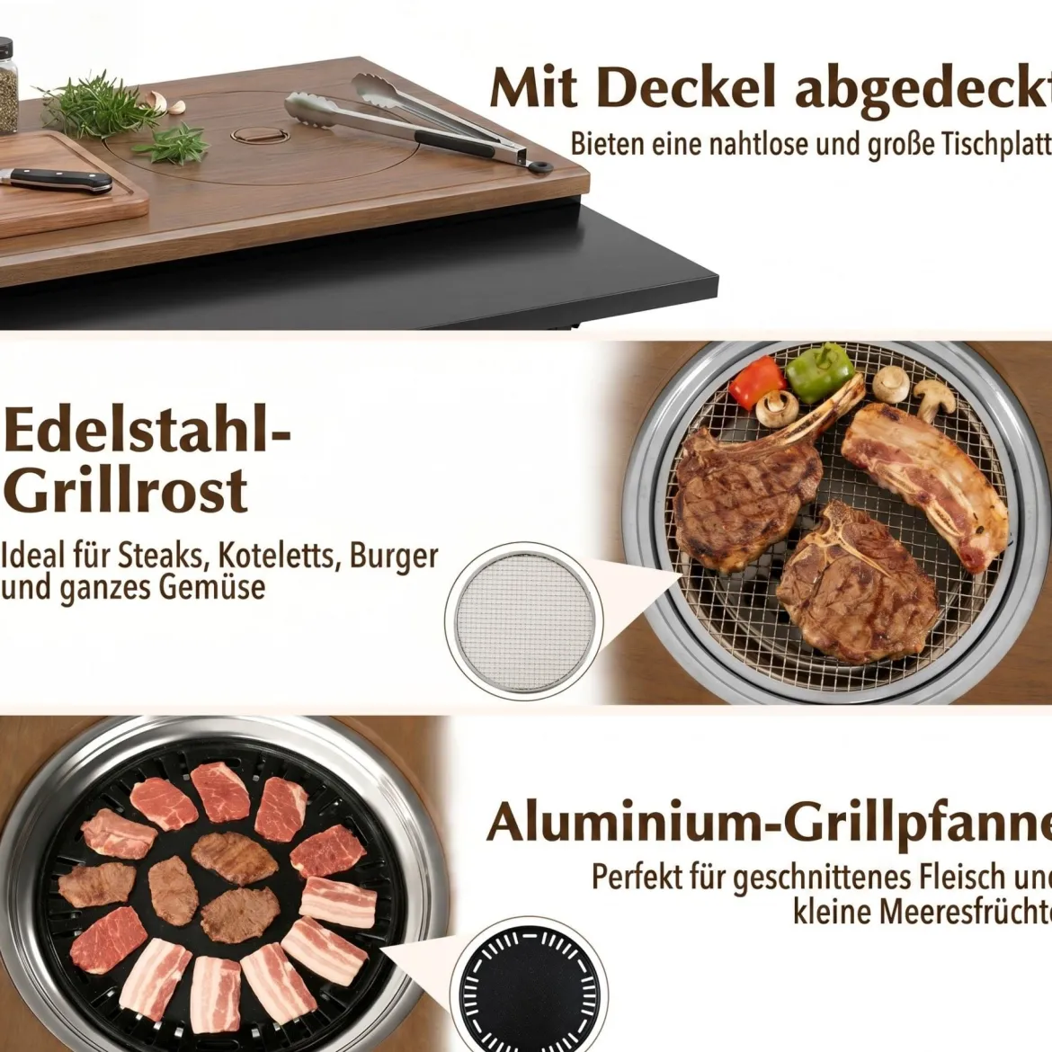 Grillwagen Outdoor Grilltisch auf Rollen Mobiler Pizzatisch mit Koreanischem Holzkohlegrill