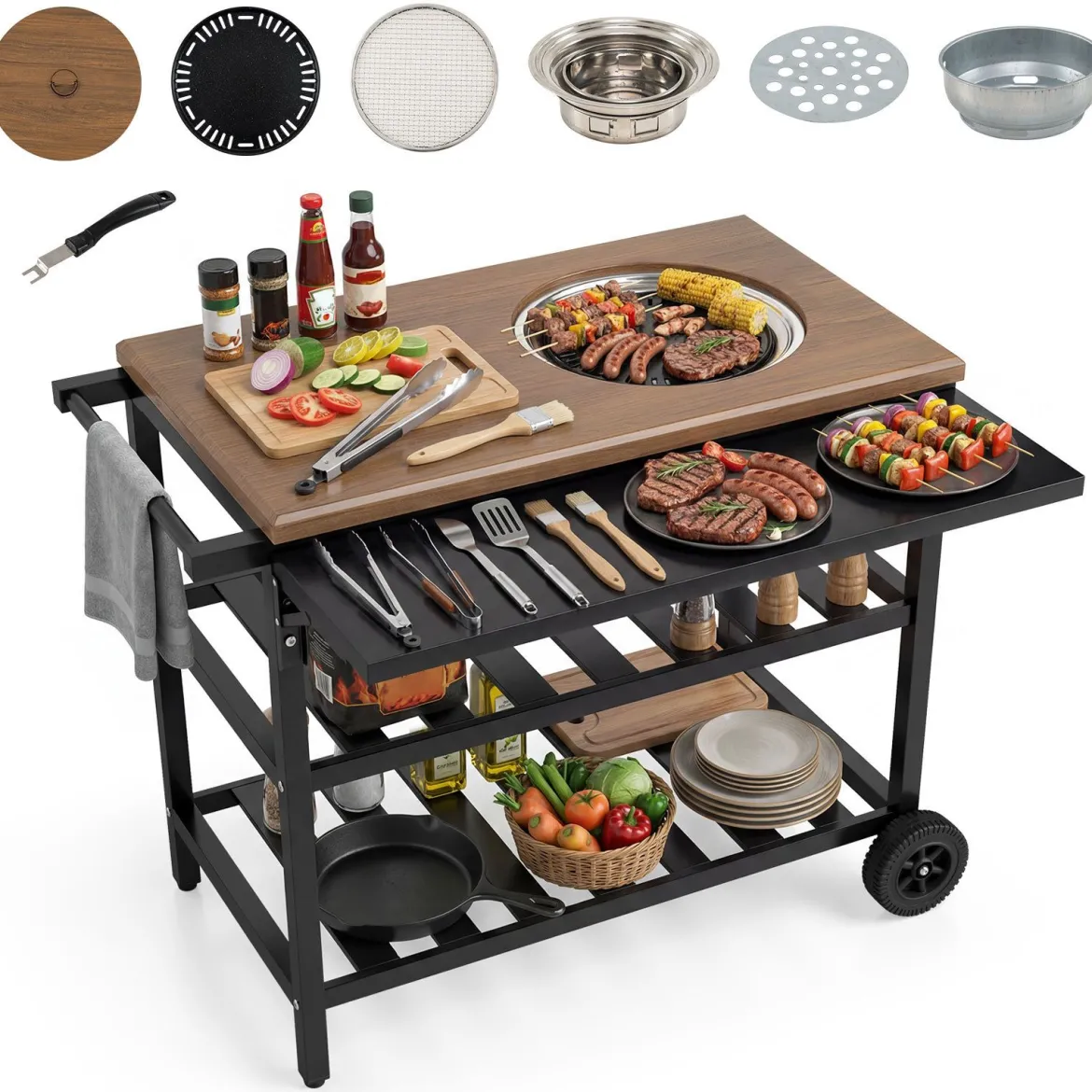 Grillwagen Outdoor Grilltisch auf Rollen Mobiler Pizzatisch mit Koreanischem Holzkohlegrill