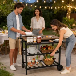 Grillwagen Outdoor Grilltisch auf Rollen Mobiler Pizzatisch mit Koreanischem Holzkohlegrill