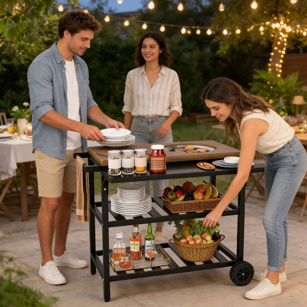 Grillwagen Outdoor Grilltisch auf Rollen Mobiler Pizzatisch mit Koreanischem Holzkohlegrill