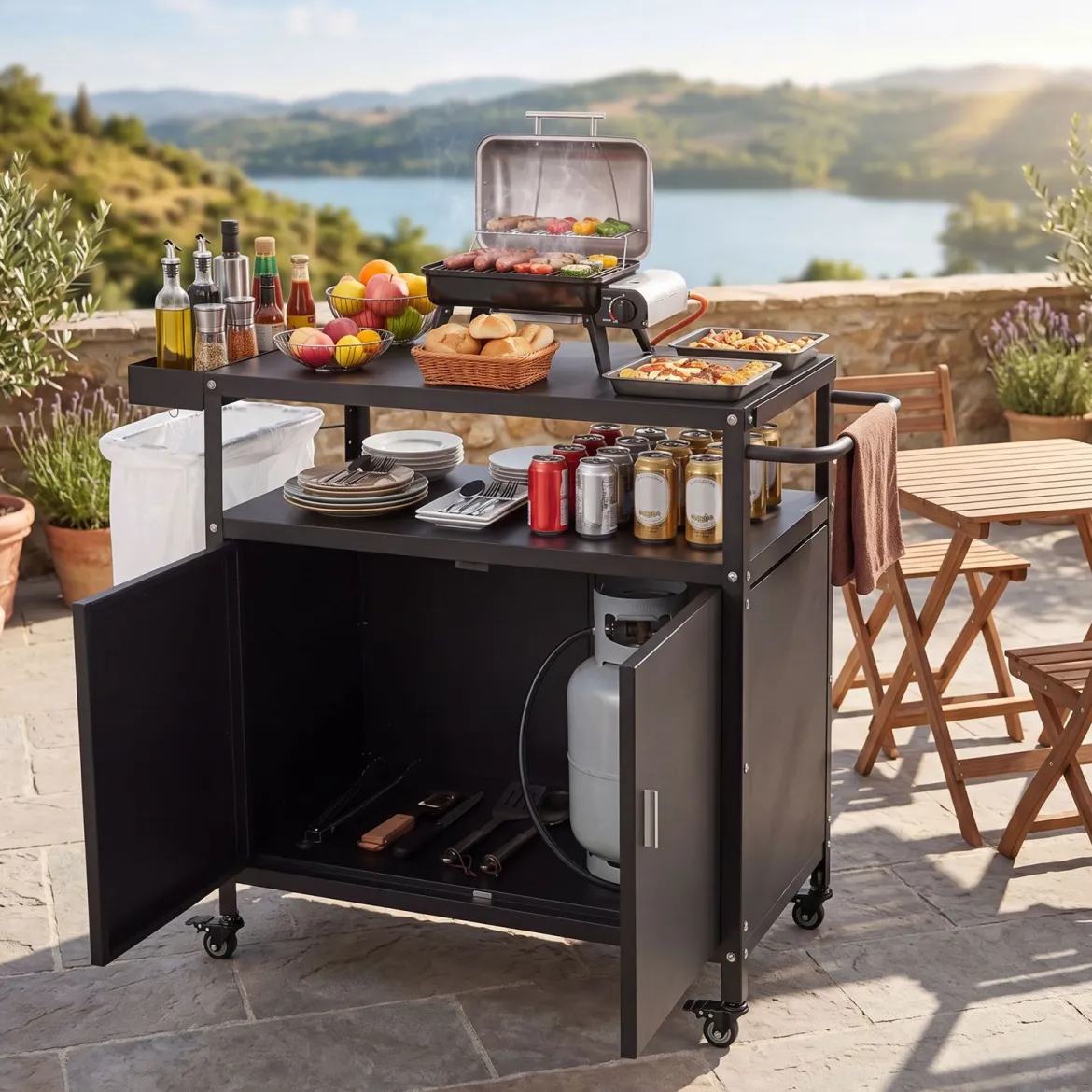 Grillwagen Outdoor Grilltisch mit Schrank & Große Tischplatte Grill Trolley mit Rollen & Seitengriff