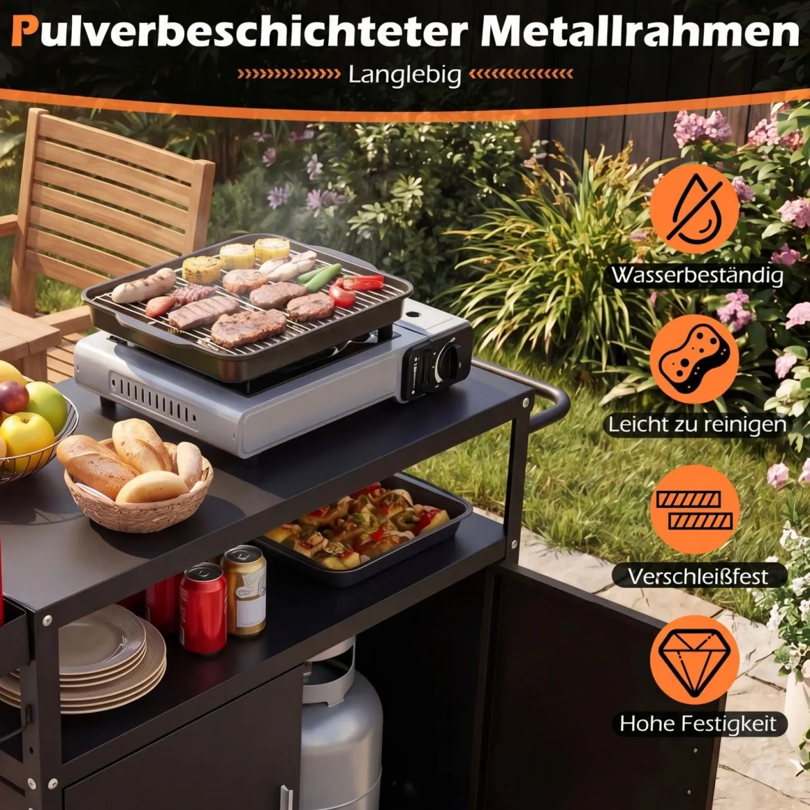 Grillwagen Outdoor Grilltisch mit Schrank & Große Tischplatte Grill Trolley mit Rollen & Seitengriff