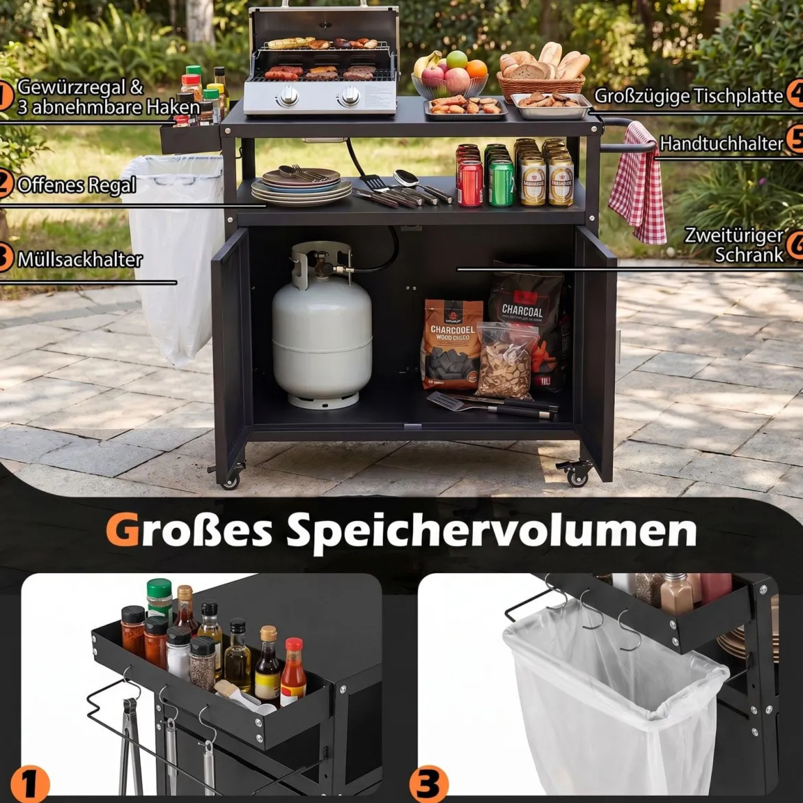 Grillwagen Outdoor Grilltisch mit Schrank & Große Tischplatte Grill Trolley mit Rollen & Seitengriff