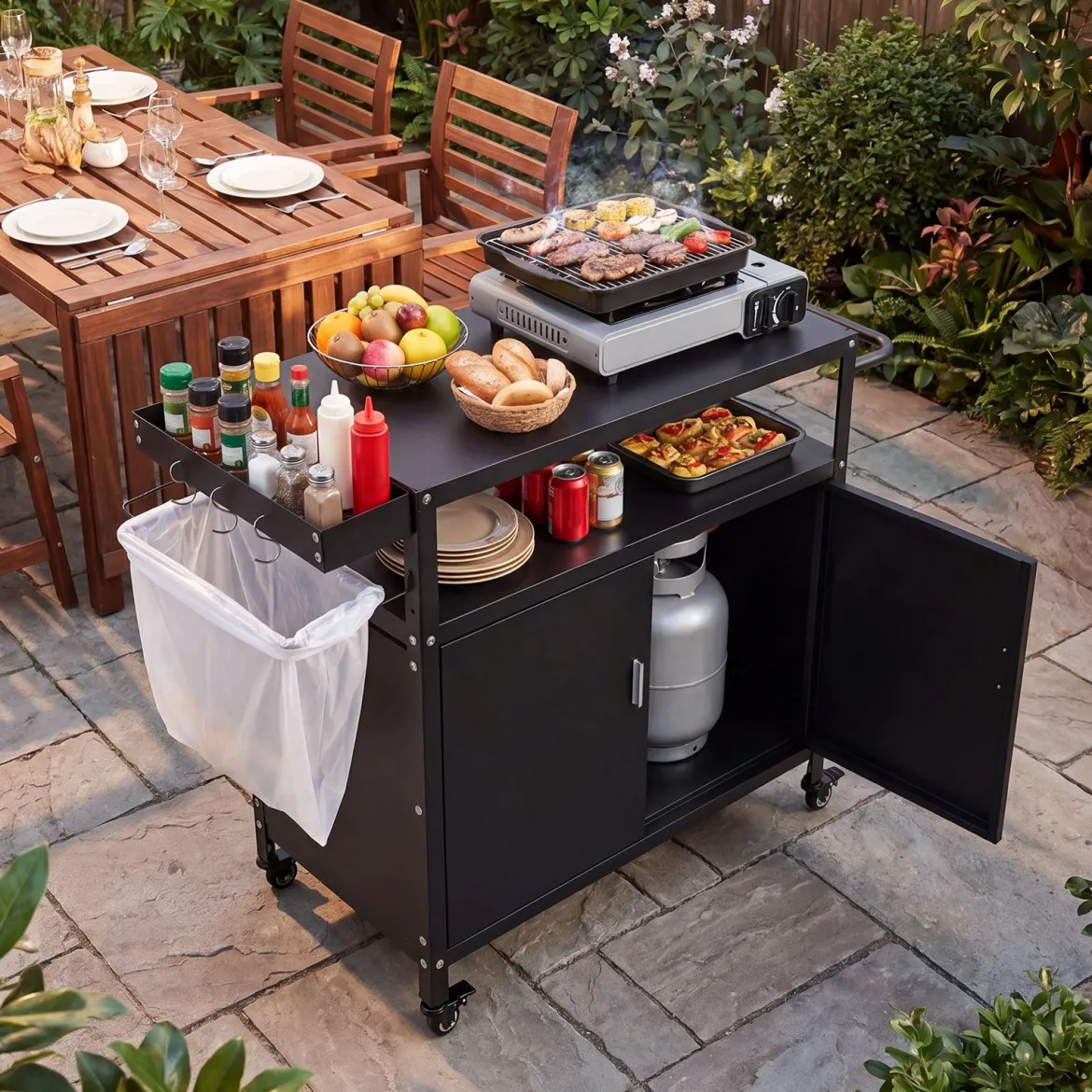 Grillwagen Outdoor Grilltisch mit Schrank & Große Tischplatte Grill Trolley mit Rollen & Seitengriff