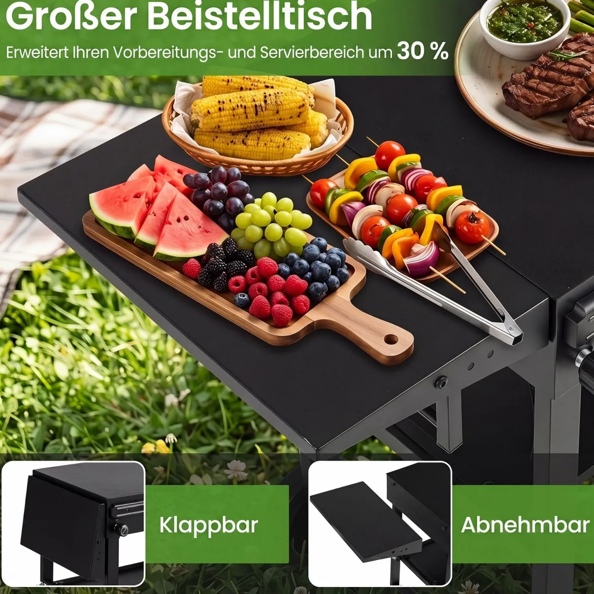 Grillwagen Outdoor Grilltisch auf Rollen mit Klappbarer Tischplatte Seitlicher Ablage